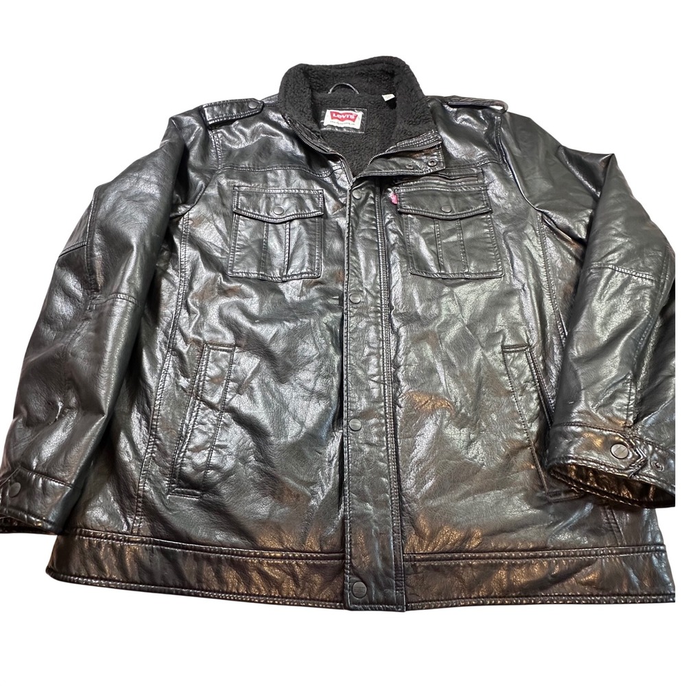 Levis Mens XXL Black Faux Leather Sherpa Lined Military Trucker Jacket vintage